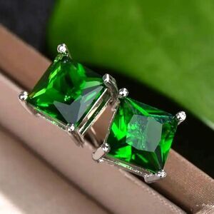 Green Natural Zircon Stud Push Back Earrings on 925 Sterling Silver 